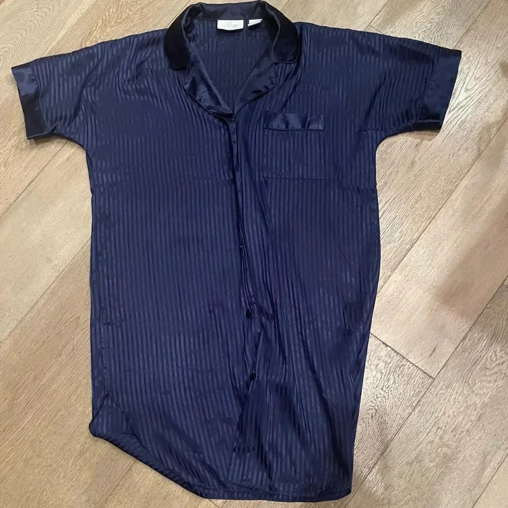 SATIN BLUE JACQUARD SEMI SHEER OVERSIZED BUTTON UP COLLARED SLEEP SHIRT SIZE S - Picture 8 of 16